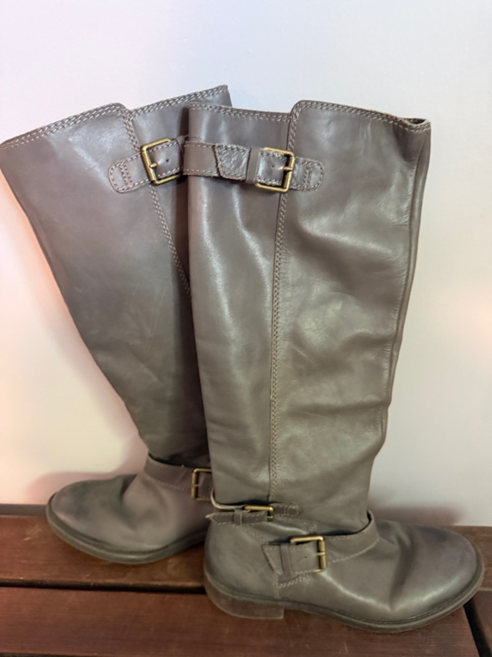 Tall Grey Leather Riding Boots with Buckle Accents